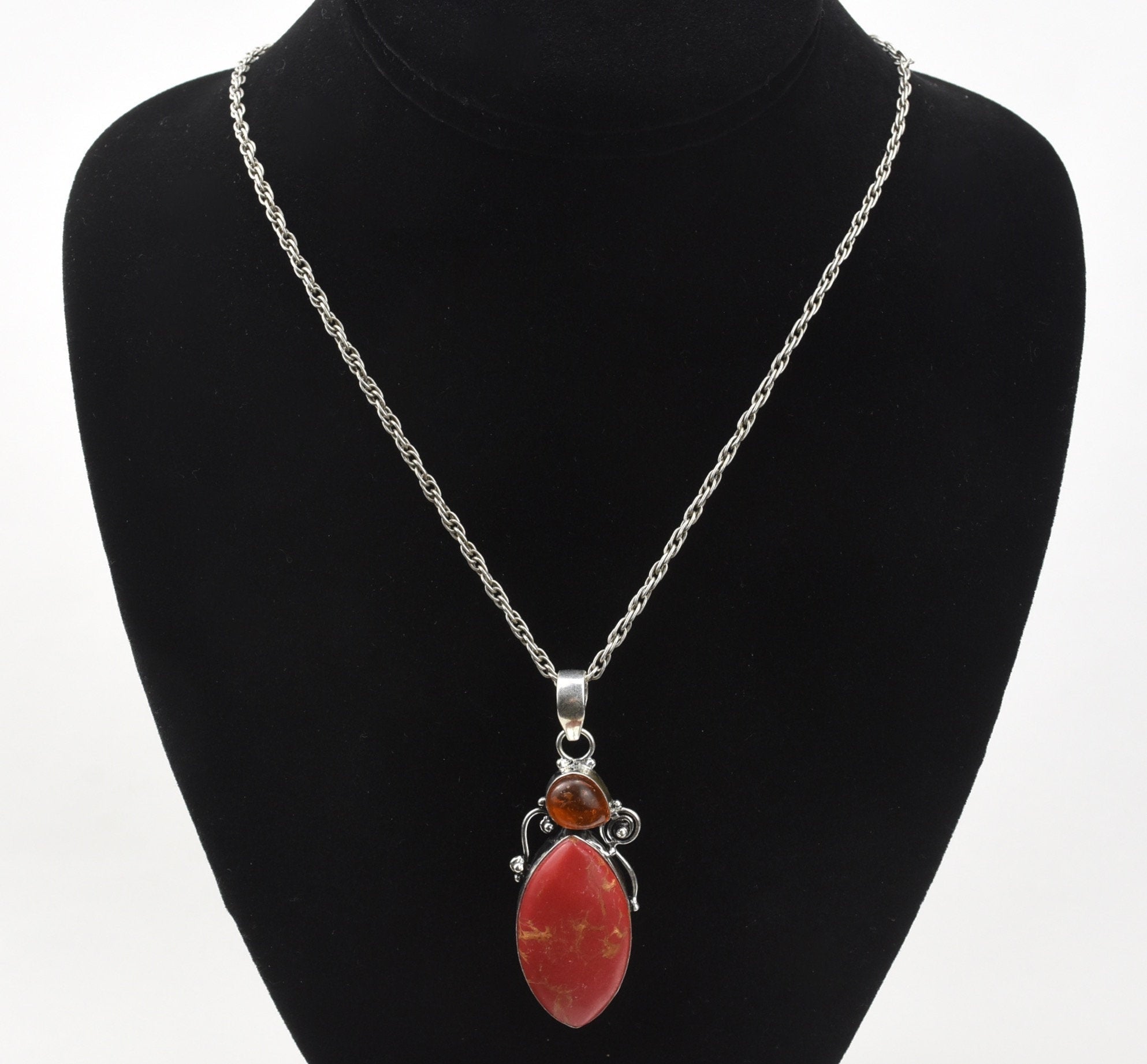 Imperial Red Jasper and Amber Pendant on Sterling Silver Chain Necklace