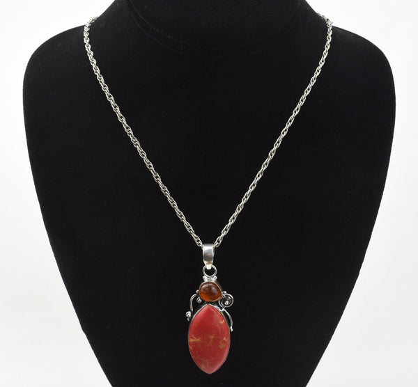 Imperial Red Jasper and Amber Pendant on Sterling Silver Chain Necklace