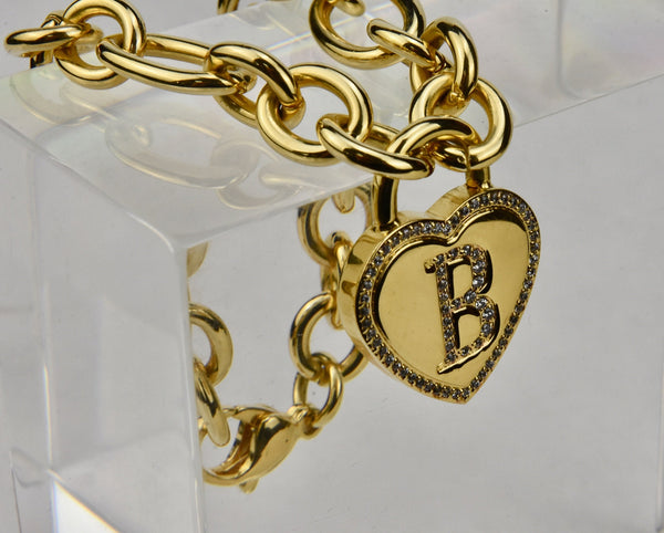 Gold Tone Stainless Steel Chain Bracelet with "B" Heart Rhinestone Charm