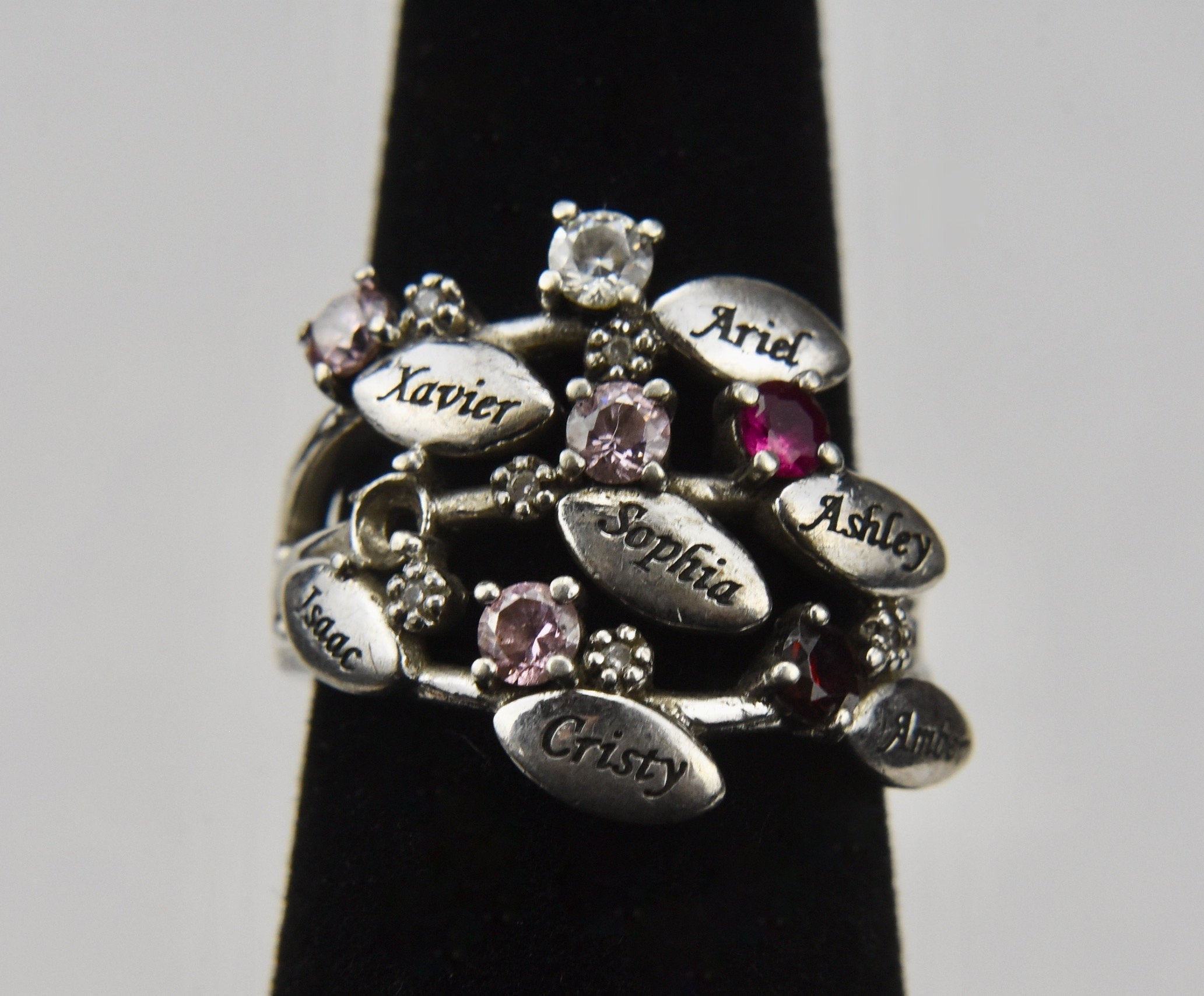 Sterling Silver Colored Stone Family Tree Ring - Size 6
