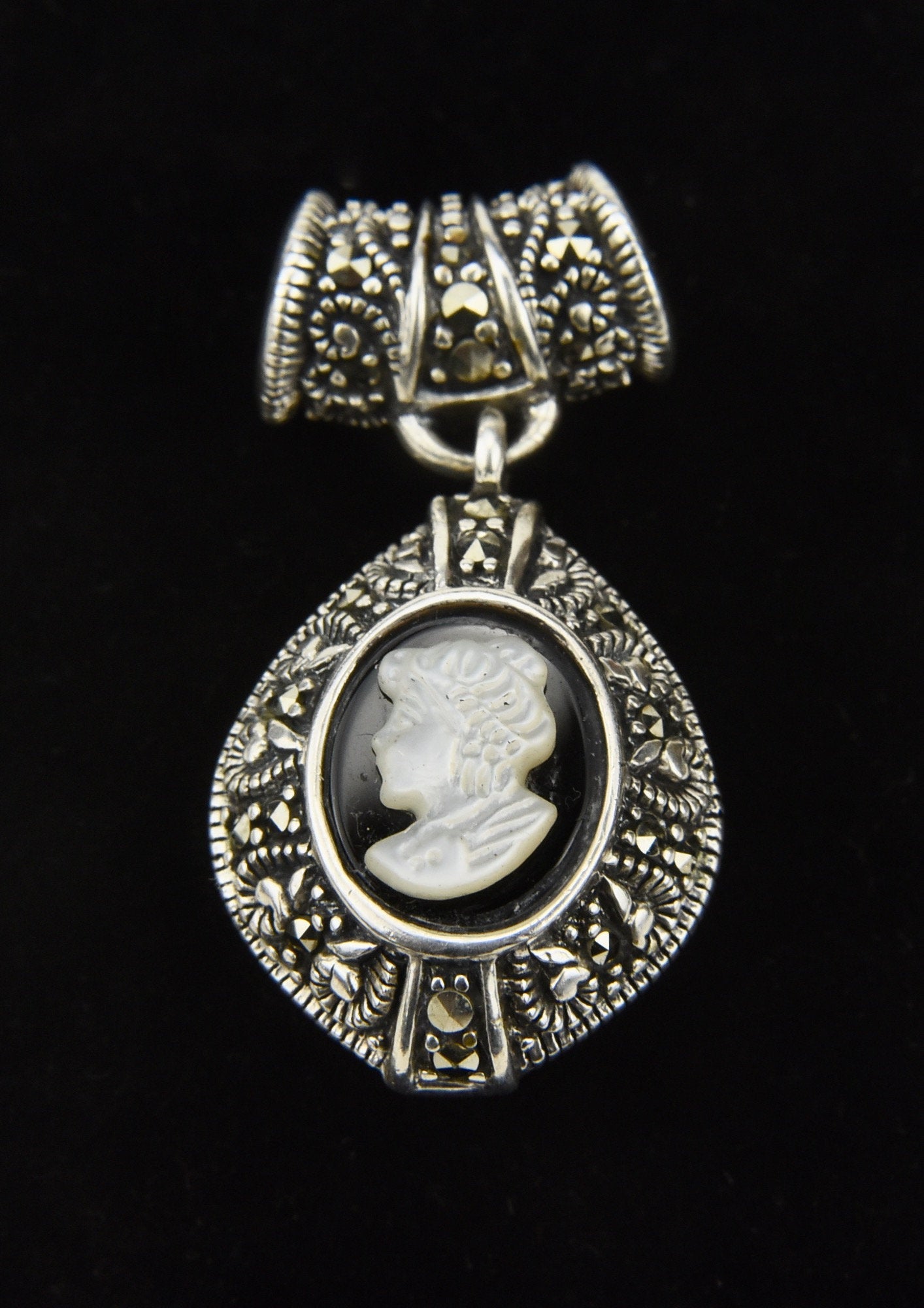 Sterling Silver Marcasite Black Onyx Cameo Slide Pendant
