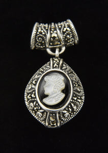 Sterling Silver Marcasite Black Onyx Cameo Slide Pendant