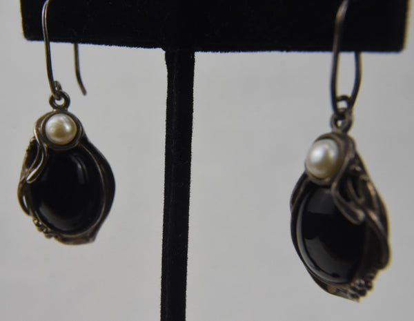 Hagit Gorali - Sterling Silver Black Onyx and Pearl Earrings