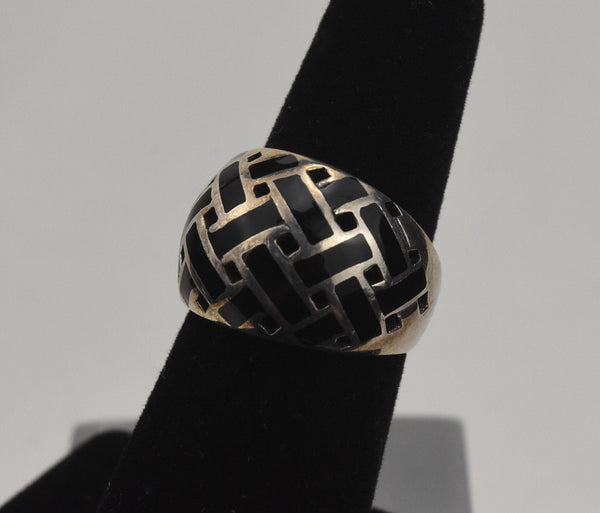 Stunning Basket Weave Sterling Silver Black Onyx Ring - Size 6