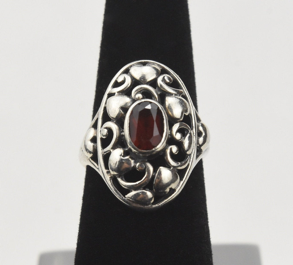 Pierced Sterling Silver Hearts Red Garnet Ring - Size 5.5