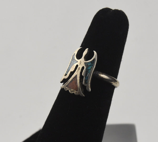 Silver Turquoise and Coral Native American Thunderbird Ring - Size 4.5