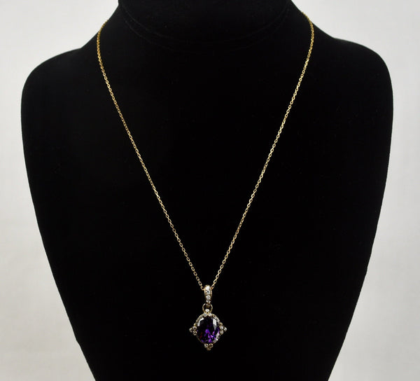 Erica Courtney - Gold Tone Sterling Silver Cubic Zirconia Purple Stone Pendant on Sterling Silver Chain Necklace