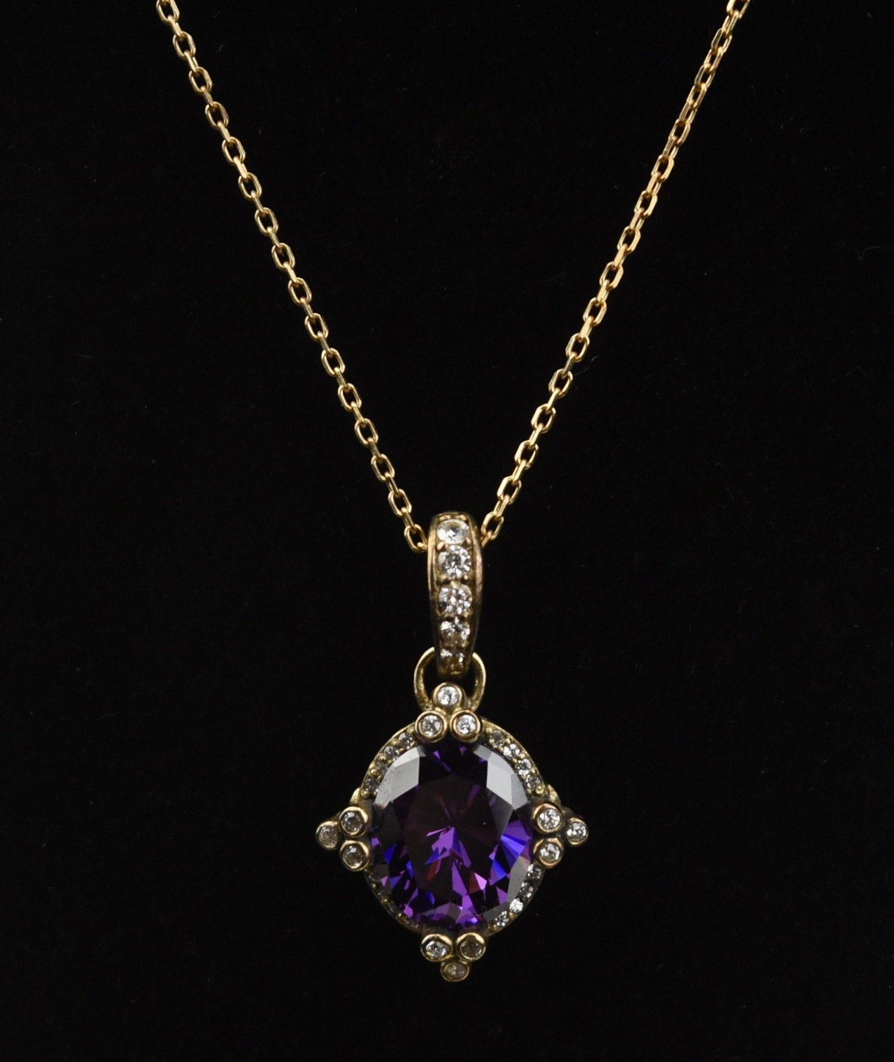 Erica Courtney - Gold Tone Sterling Silver Cubic Zirconia Purple Stone Pendant on Sterling Silver Chain Necklace