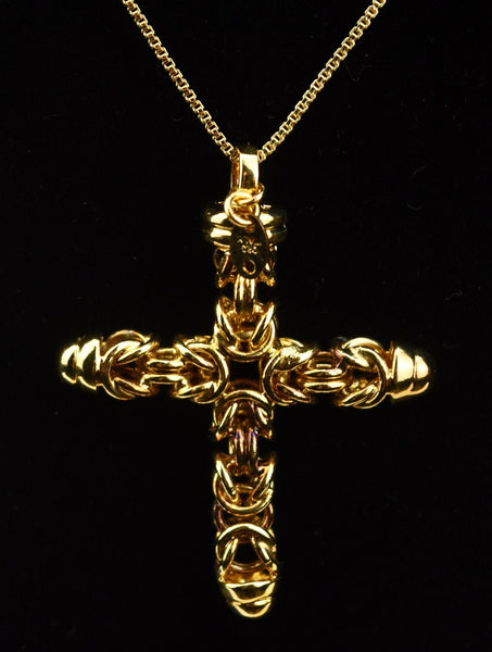 18K Gold Plated Byzantine Link Pendant on Gold Tone Sterling Silver Box Link Chain Necklace