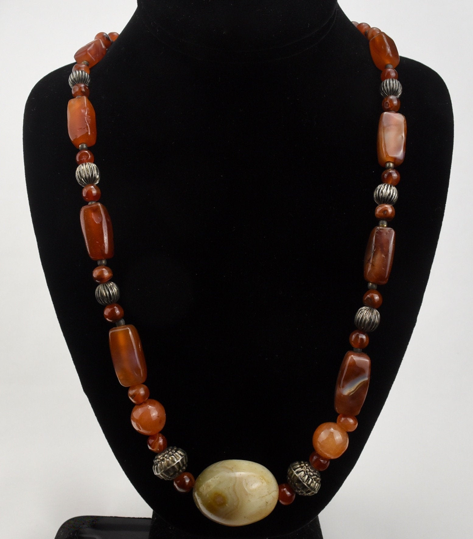 Agate, Carnelian and Metal Bead Necklace