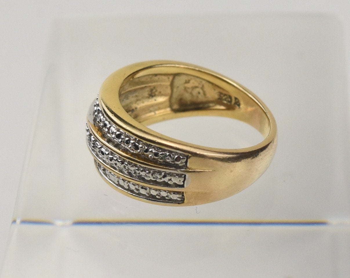 Gold Tone Sterling Silver Ring with Rows of Clear Stones - Size 7