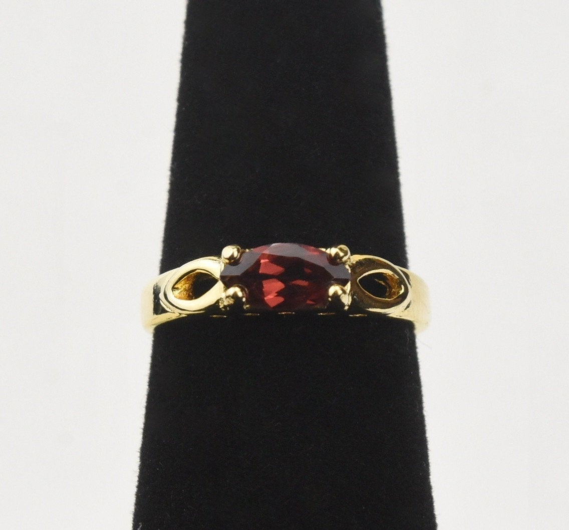 Gold Tone Sterling Silver Ring with Marquise Cut Red Stone - Size 5