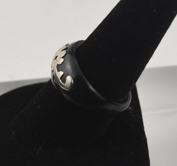Carved Horn Ring with Silver Floral Inlay - Size 8