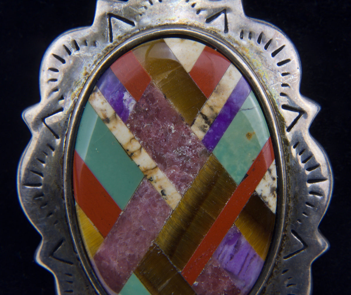 Sterling Silver Navajo Inlaid Pendant Tiger's Eye, Red Jasper, Rhodonite, Turquoise