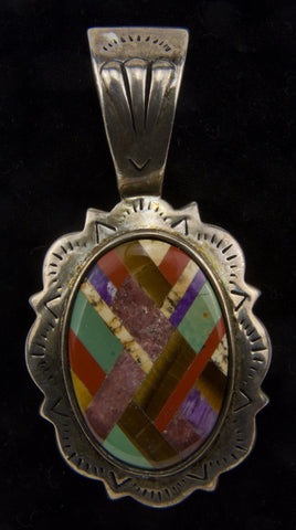 Sterling Silver Navajo Inlaid Pendant Tiger's Eye, Red Jasper, Rhodonite, Turquoise