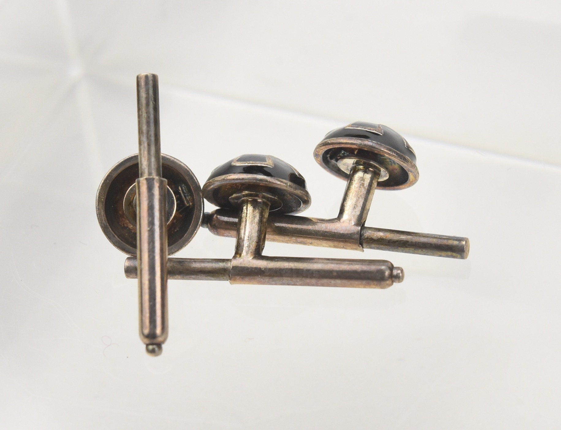 Set of 3 Sterling Silver Guilloche Enamel Button Studs