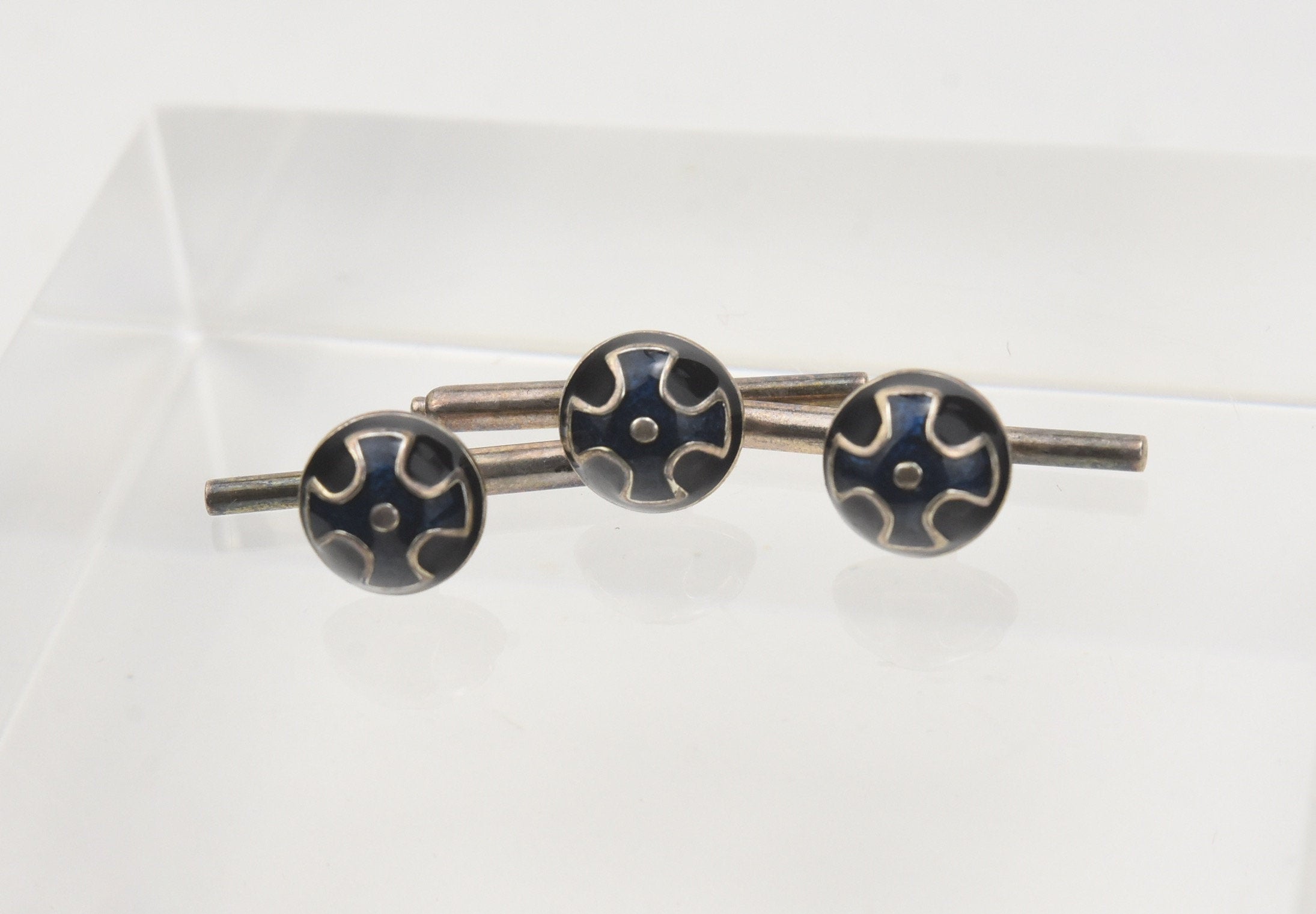 Set of 3 Sterling Silver Guilloche Enamel Button Studs