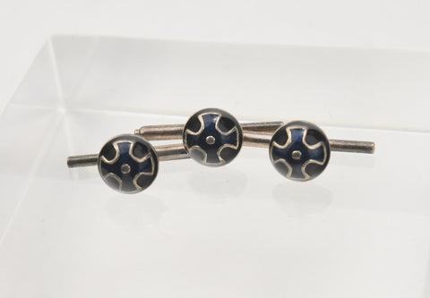 Set of 3 Sterling Silver Guilloche Enamel Button Studs