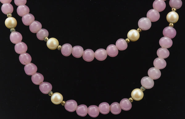Pink Glass, Faux Pearl and Brass Bead Necklace - 36"