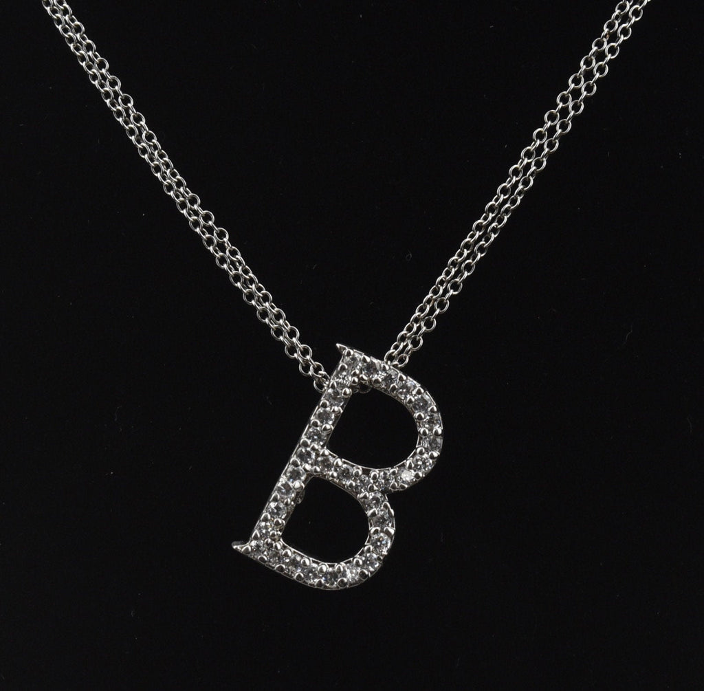 Sterling Silver Cubic Zirconia "B" Pendant on Double Strand Sterling Silver Chain Necklace - 20"