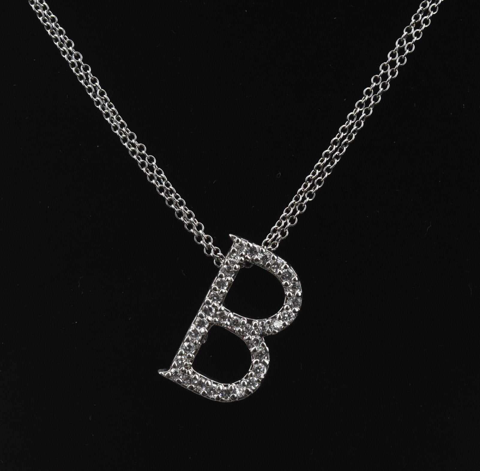 Sterling Silver Cubic Zirconia "B" Pendant on Double Strand Sterling Silver Chain Necklace - 20"