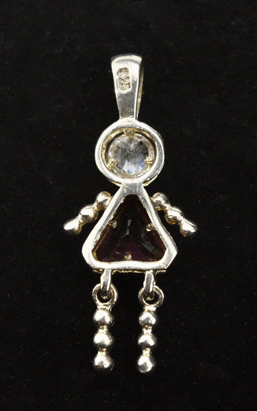 Purple and Clear Stone Sterling Silver Girl Stick Figure Pendant