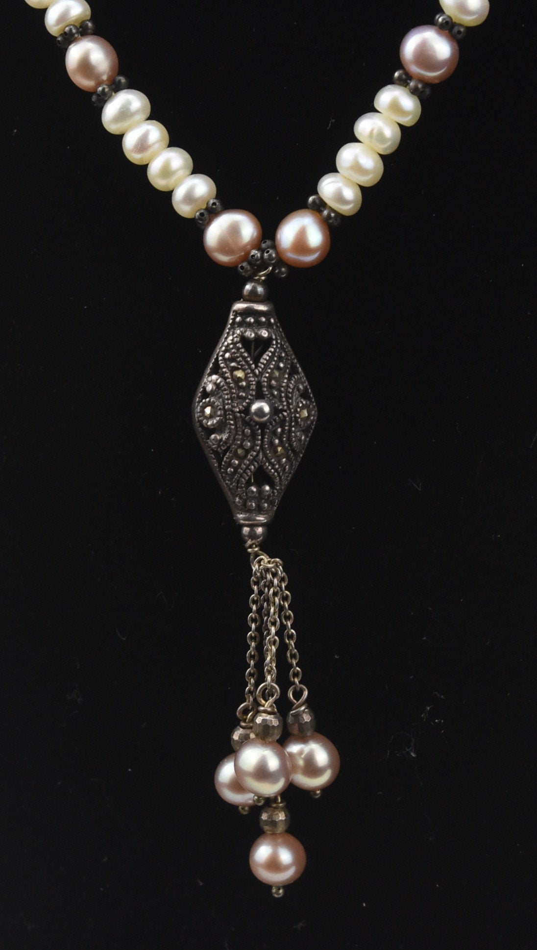 Beautiful Vintage Art Deco White and Pink Pearl Sterling Silver Marcasite Pendant Necklace
