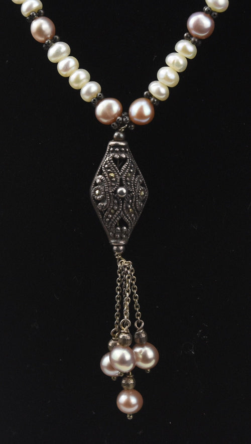 Beautiful Vintage Art Deco White and Pink Pearl Sterling Silver Marcasite Pendant Necklace
