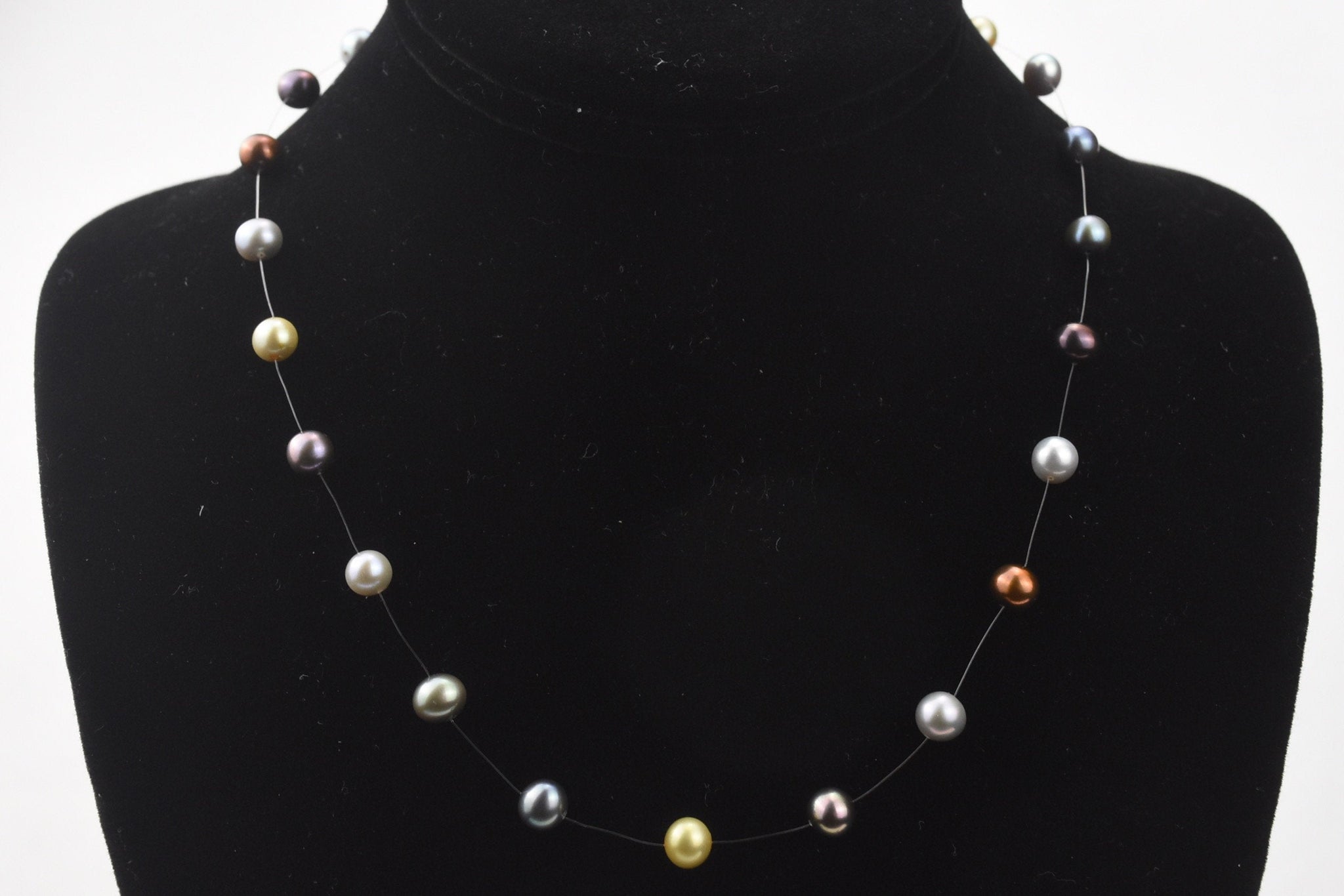 Single Strand Multi Color Pearl Floating Necklace with Sterling Clasp - 18"