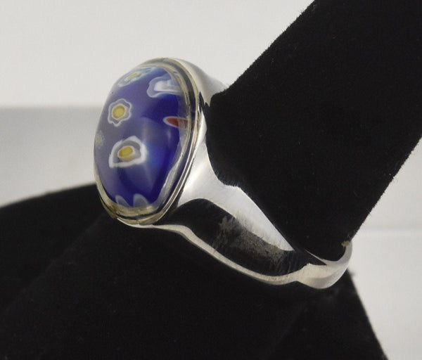 Blue Millefiori Glass Stainless Steel Ring - Size 8.25