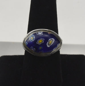 Blue Millefiori Glass Stainless Steel Ring - Size 8.25