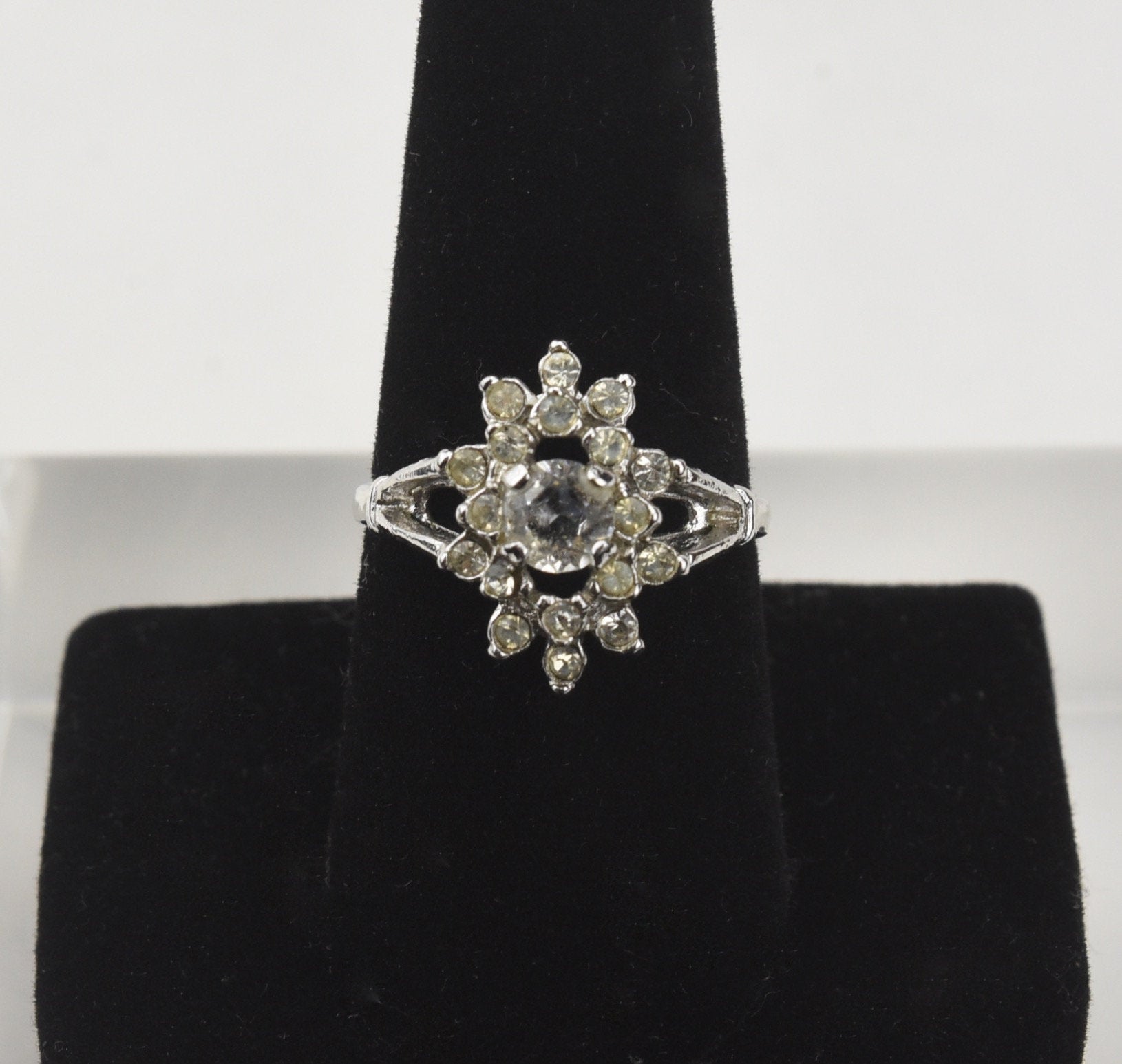Art Deco Silver Tone and Rhinestones Ring - Size 8.25