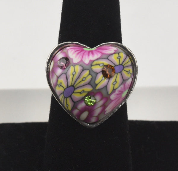 Adjustable Clay Flower Heart and Gems Ring - Size 6.5-10