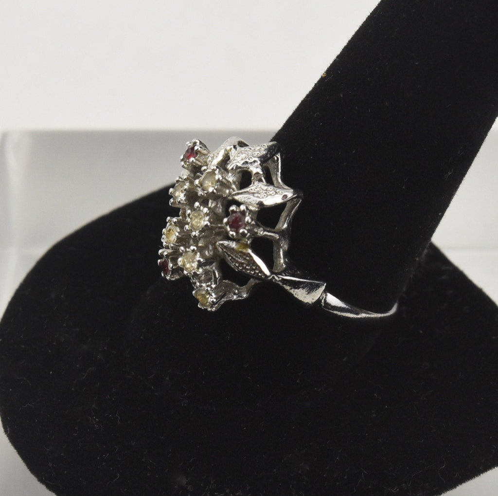 Clear and Red Glass Flower Silver Ring - Size 10.5