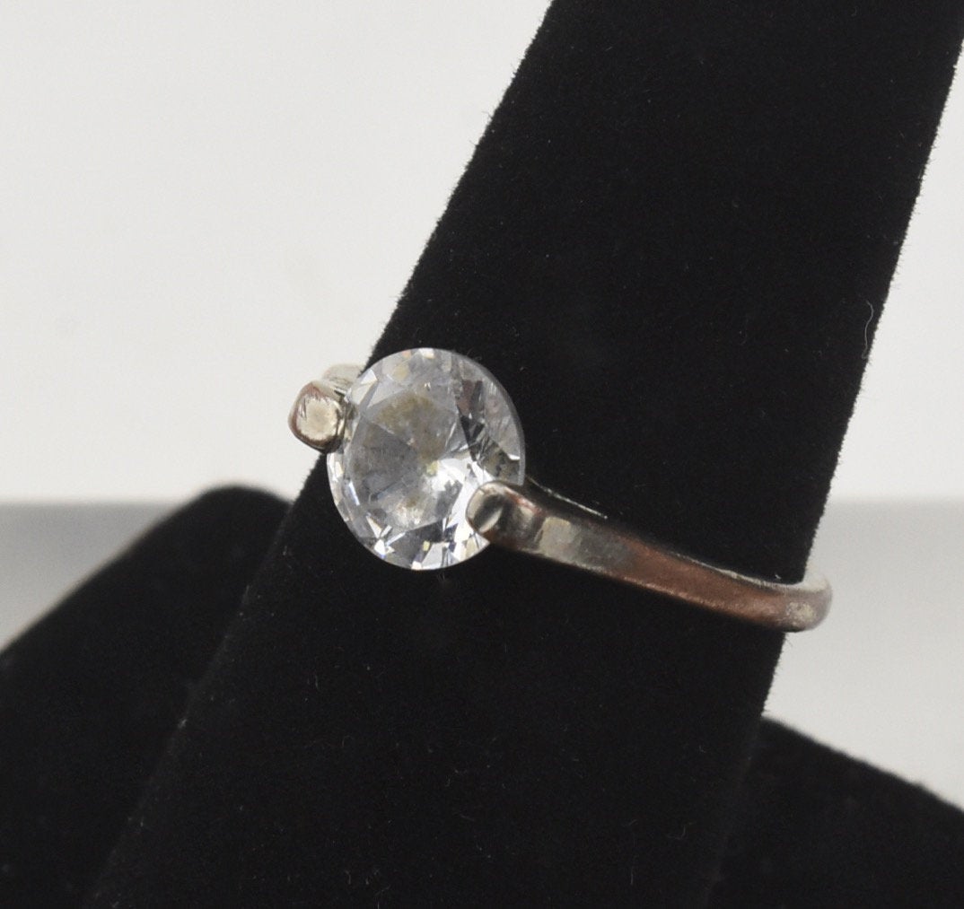 Large Clear Round Cut Crystal Set in Ring - Size 7.25