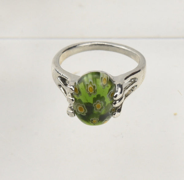 Green Millefiori Glass Ring - Size 9