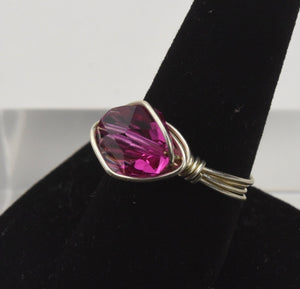 Pink Silver Wrapped Bead Ring - Size 8 and 9