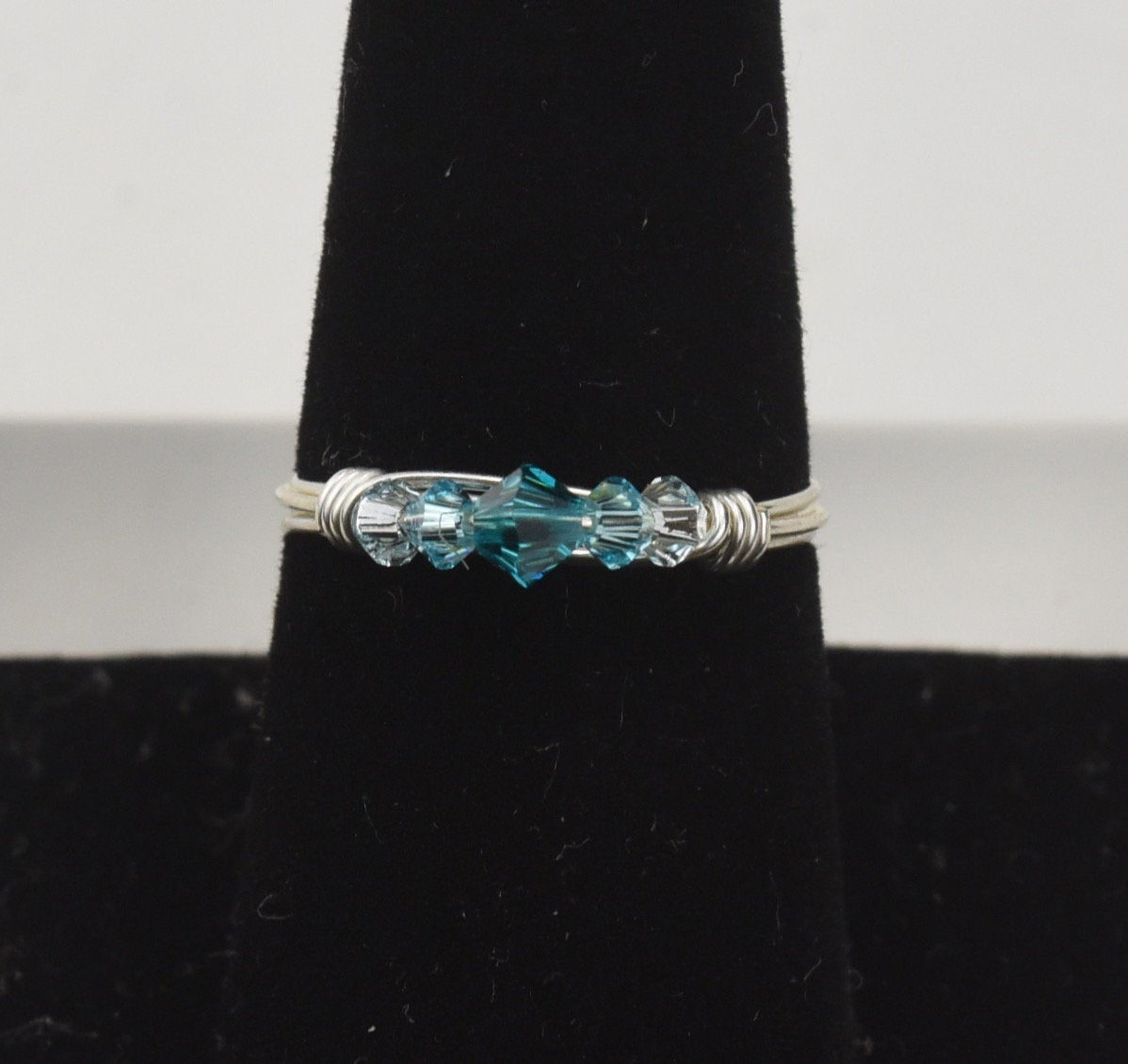 Silver Wire Wrapped Blue Beads Ring
