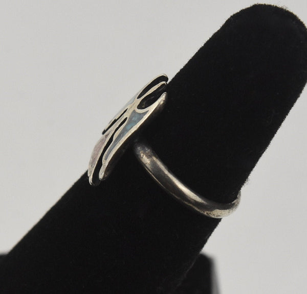 Silver Turquoise and Coral Native American Thunderbird Ring - Size 4.5