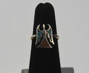 Silver Turquoise and Coral Native American Thunderbird Ring - Size 4.5