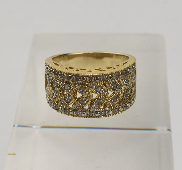 Gold Tone Sterling Silver Crystal Pierced Leaf Motif Ring - Size 9