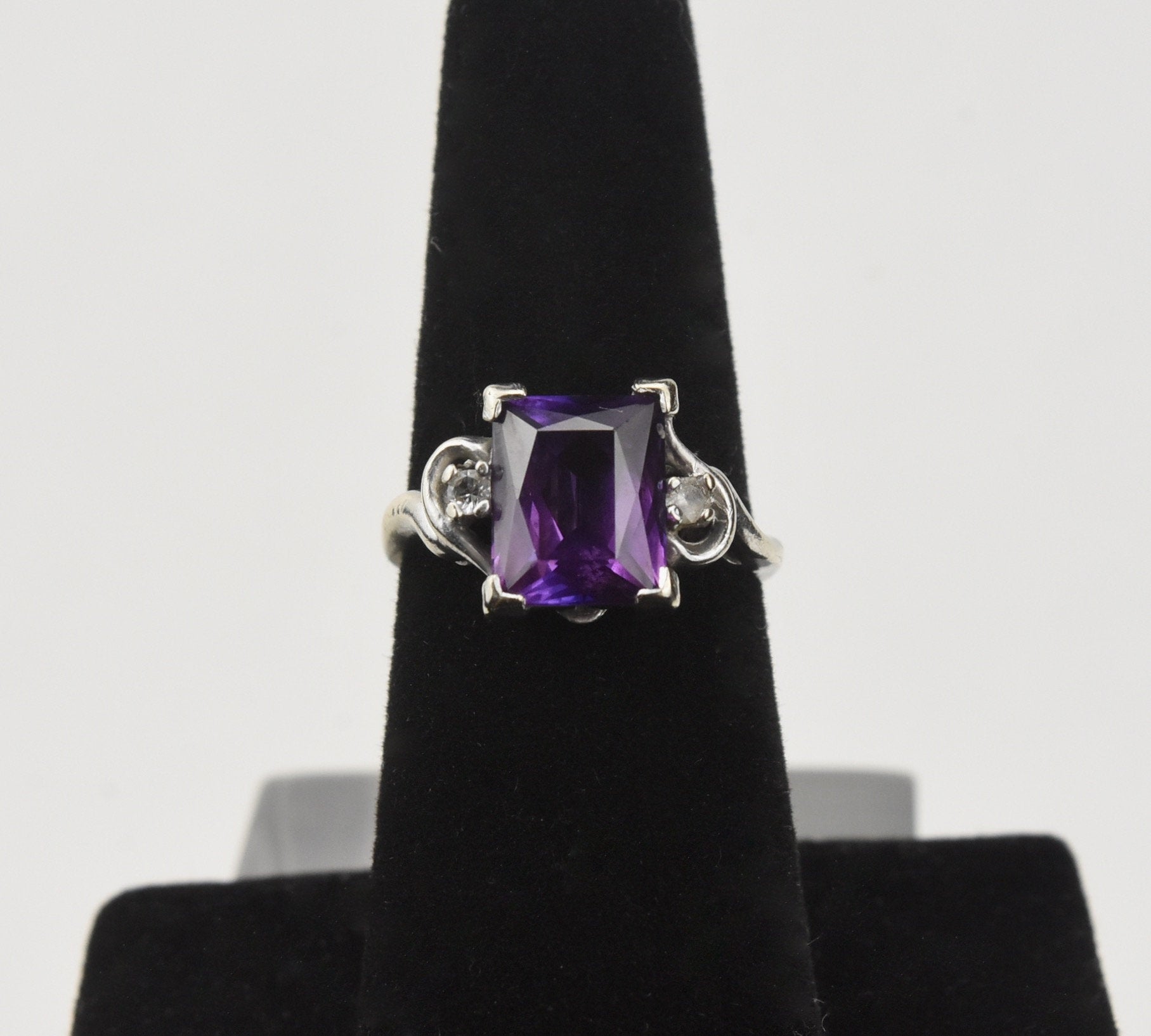 Silver Ring with Emerald Cut Purple Stone - Size 6.5