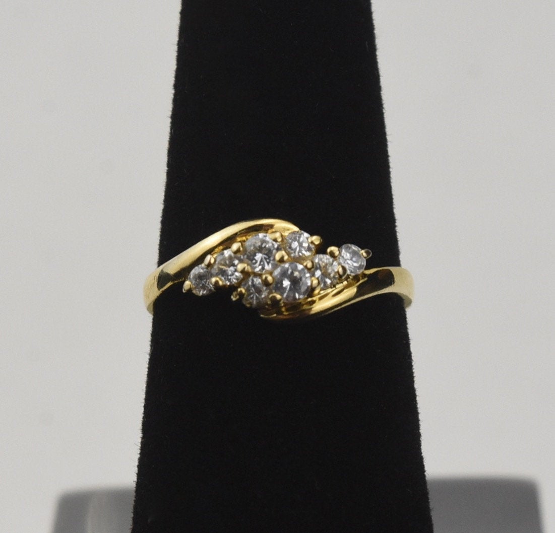 Gold Tone Sterling Silver Bypass Ring with Clear Stones - Size 5.25