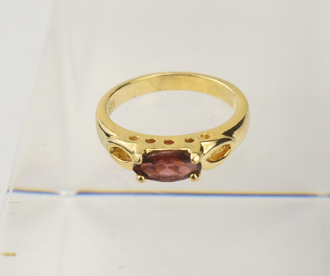 Gold Tone Sterling Silver Ring with Marquise Cut Red Stone - Size 5