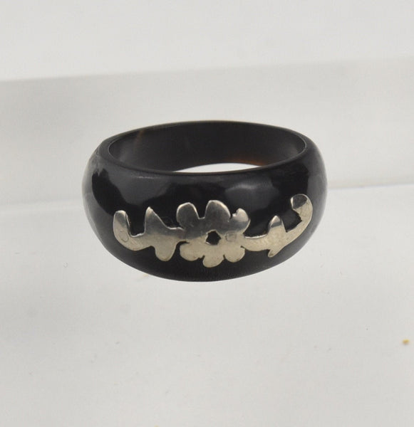 Carved Horn Ring with Silver Floral Inlay - Size 8