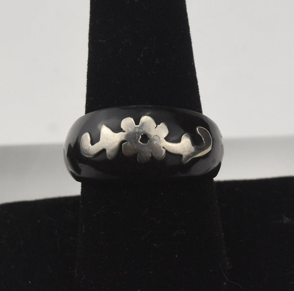 Carved Horn Ring with Silver Floral Inlay - Size 8