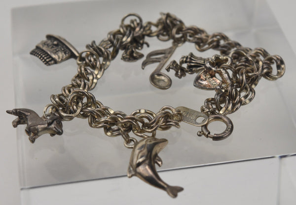 Vintage Sterling Silver Charm Bracelet with Dolphin, Dachshund, Fairy, and More! - 8.25"