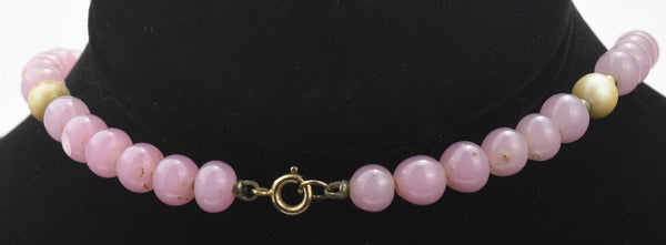Pink Glass, Faux Pearl and Brass Bead Necklace - 36"