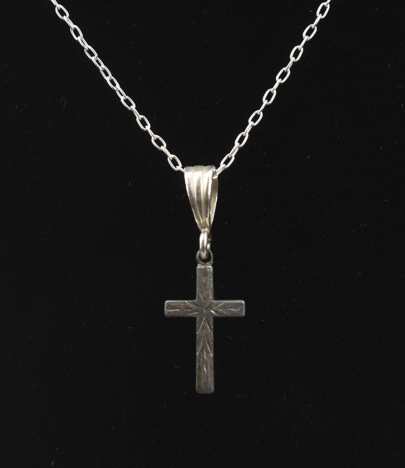 Sterling Silver Etched Crucifix on Sterling Silver Chain Necklace - 16"