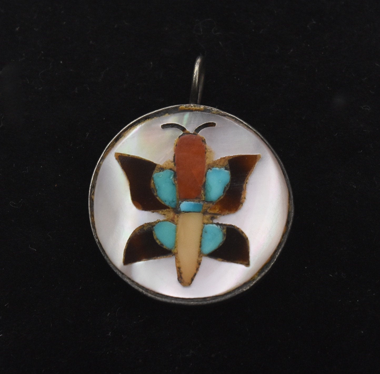 Silver Mother of Pearl Turquoise Inlay Butterfly Pendant